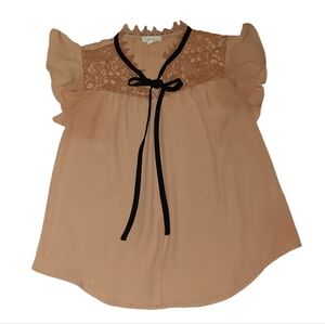 Mine Pink Flowy Blouse Crochet Chest & Black Ribbon Bow Sz S